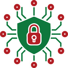 Digital security shield with red padlock circuit board protecting data networks