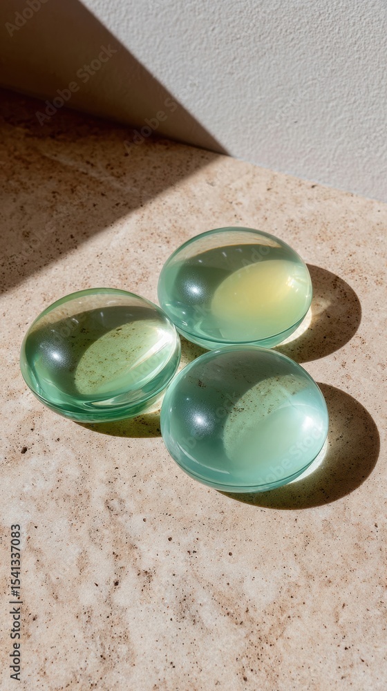 Poster three semi spherical translucent green gel objects on a textured beige surface with an adjacent wall