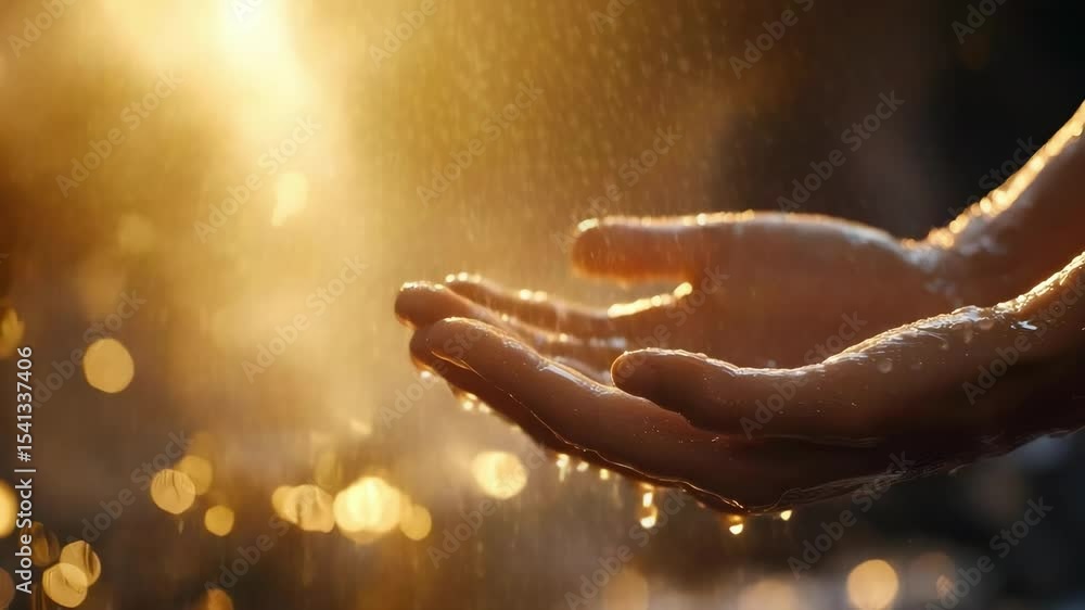 Poster hands catching droplets of water, illuminated by a golden light, creating a serene and refreshing at