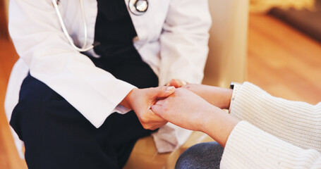 Holding hands, support and person with doctor for comfort for diagnosis, help and counseling....