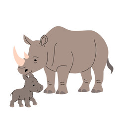 Cute cartoon rhinoceros mother and baby, flat vector illustration, hand drawn wild animals, African safari family, isolated on white background, simple wildlife design for kids. Vector illustration