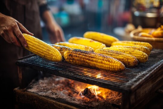 A skilled vendor expertly grills fresh corn on the cob over an open flame in a bustling Latin American street market. The aroma and warmth create an inviting atmosphere for all