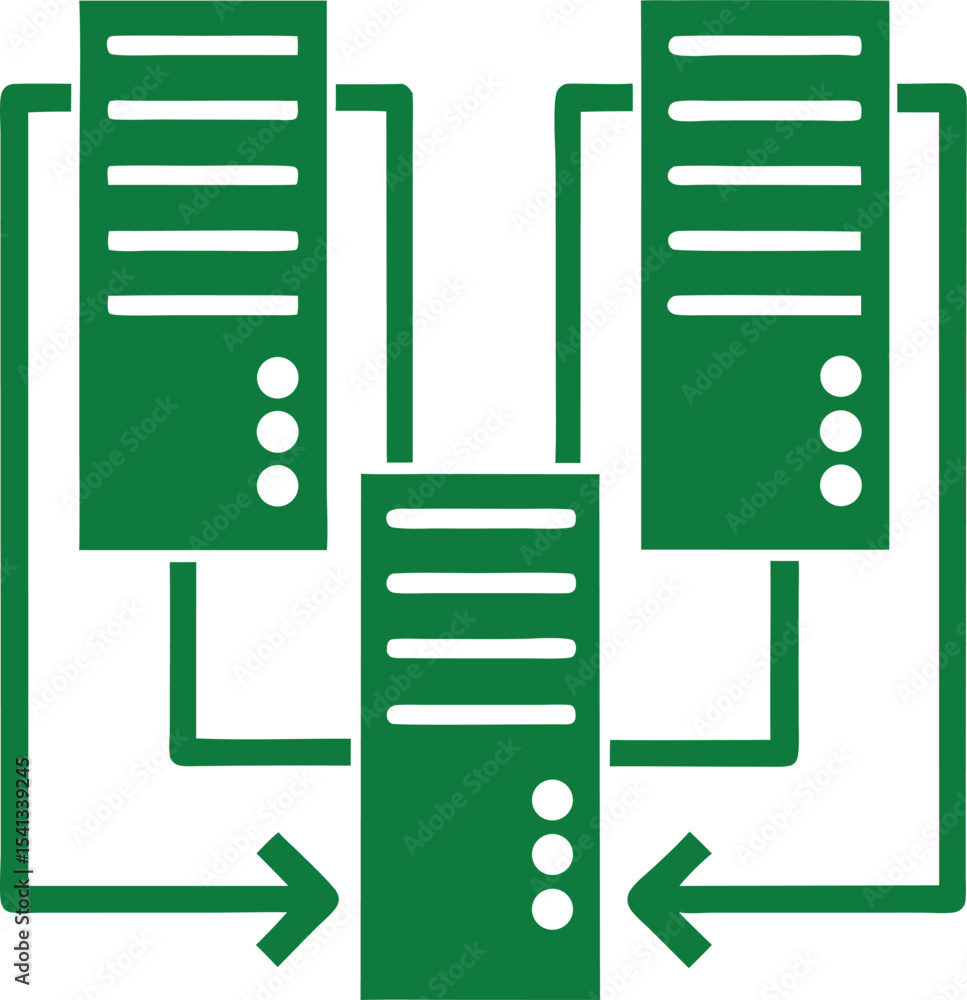 Poster vector illustration of server network topology with arrows and data transfer visuals
