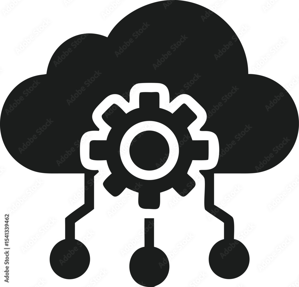 Poster modern black silhouette illustrating cloud computing data processing concept on white background