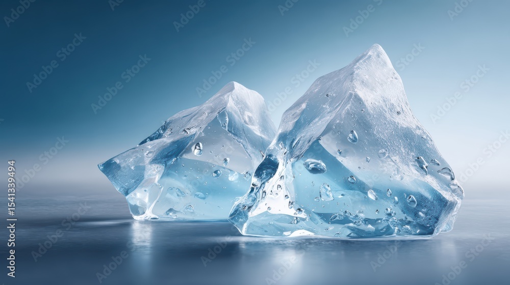 Poster two textured clear ice blocks with water droplets sit on a reflective surface against a gradient blu