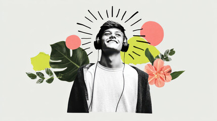 Happy teen listening to music in spring floral collage
