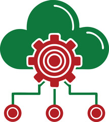 Cloud technology illustration featuring a gear icon and data transfer elements