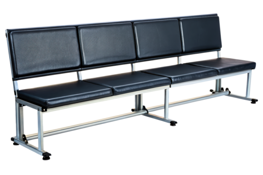 Long black padded bench for public seating isolated with transparent background