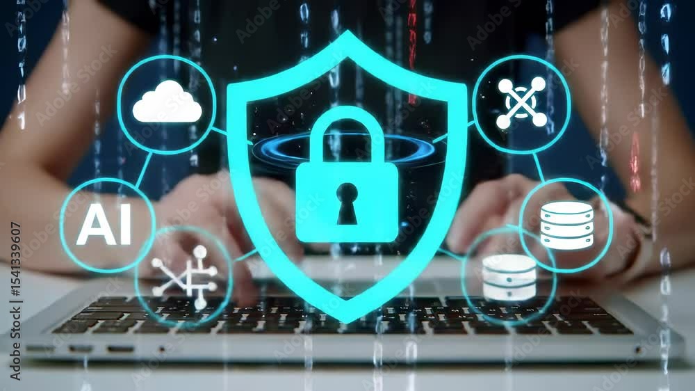 Poster cybersecurity concept with glowing lock, padlock, and shield icons overlaying hands typing laptop, f