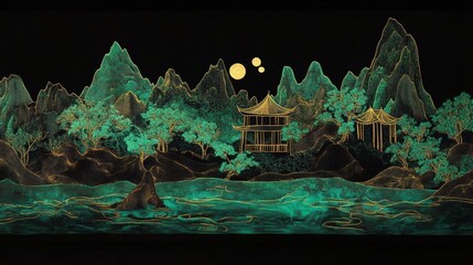 Obraz premium The green mountains, pavilions, and trees in Chinese embroidery