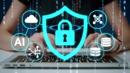 Cybersecurity concept with glowing lock, padlock, and shield icons overlaying hands typing laptop, featuring artificial intelligence, cloud computing, data storage, network, digital protection - Powered by Adobe