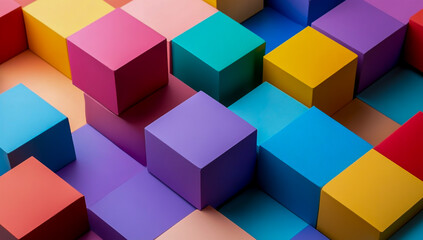 Obraz premium Vibrantly colored cubes are carefully arranged in an abstract geometric pattern, with sharp edges and dynamic symmetry for a modern artistic design.