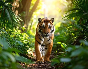 A Bengal tiger prowling through thick jungle foliage, low-angle, golden light.