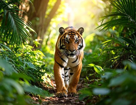 A Bengal tiger prowling through thick jungle foliage, low-angle, golden light. - Powered by Adobe