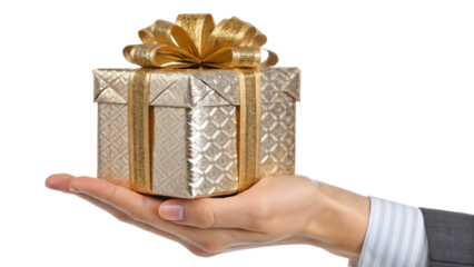 Hand holding a gift box with a decorative ribbon, perfect for celebrations