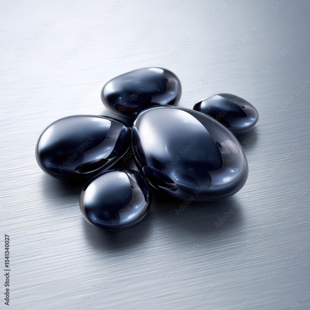 Poster glossy dark blue pebbles arranged on a textured metallic silver surface creating a smooth reflective