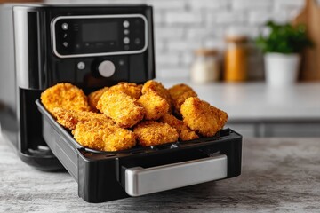 Air Fryer with Crispy Chicken Nuggets on Clean Counter in Modern Kitchen Setting