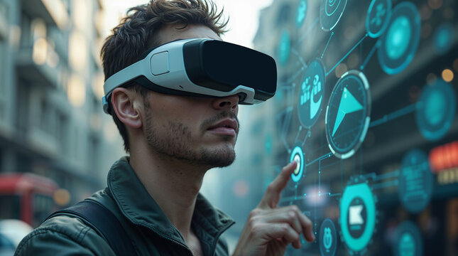 A man wearing a virtual reality headset interacts with a holographic interface displaying futuristic data and charts on a large screen.