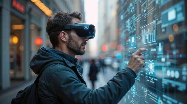A man wearing a virtual reality headset interacts with a holographic interface displaying futuristic data and charts on a large screen.