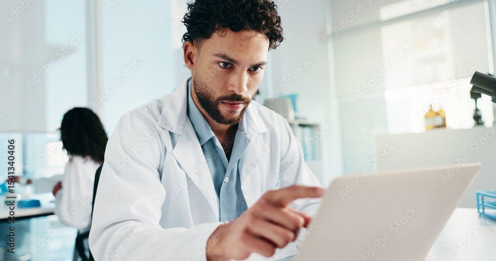 Poster science, research and man in lab, tablet and connection with experiment, breakthrough and results. p