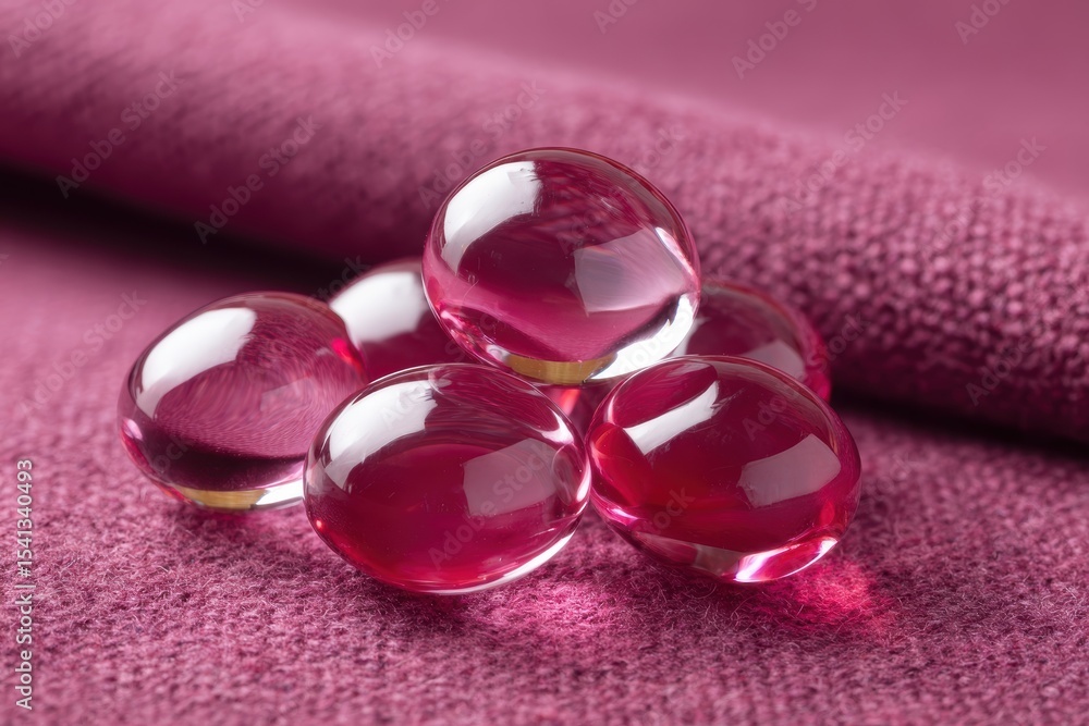 Aufkleber stack of translucent red glass spheres arranged on a soft textured magenta surface creating highligh