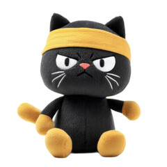 Adorable black plush cat toy wea a yellow headband with an angry expression, cute stuffed animal for children or decoration, detailed and soft