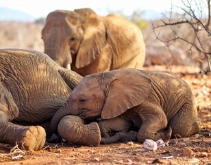 A baby elephant mourning beside its dead mother, dry African terrain