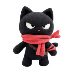 Cute black plush toy cat with white eyes and red scarf, expressive and playful stuffed animal character, soft fabric, adorable collectible gift item