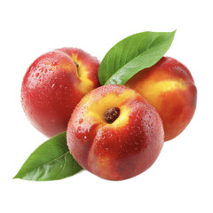 Juicy ripe peaches with vibrant red and yellow colo, fresh green leaves, dew drops, and a smooth textured skin on a white background
