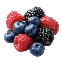 Fresh mixed berries including blueberries raspberries and blackberries arranged in a close-up on a white background showcasing vibrant colors and juicy textures