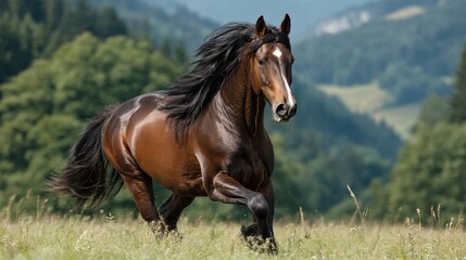 Ahorse running through a field of tall grass