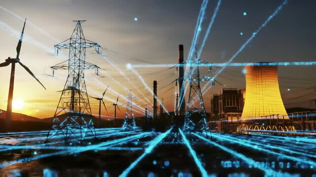 Power line wind turbine energy electricity technology digital sunset industry innovation futuristic infrastructure dynamic scene of power grid network, renewable energy landscape, and digital overlay