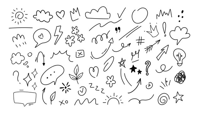 Sketch underline, emphasis, arrow shape set. Hand drawn abstract scribbles and squiggles, creative various shapes.Cartoon style manga doodle line expression scribble anime mark collection.