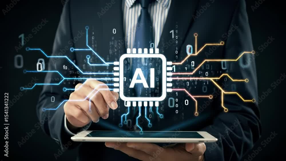 Poster Artificial intelligence technology digital innovation data business futuristic concept with professional tablet network, glowing binary code, modern progress, development, and virtual intelligence