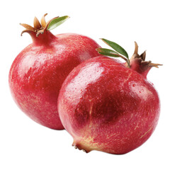 Bright fresh ripe pomegranates with shiny skin and green leaves on a plain white background perfect for healthy food or fruit themes