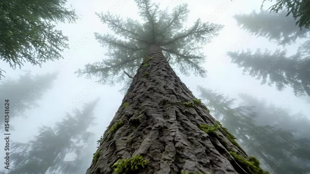 Aufkleber a tall tree viewed from the ground, surrounded by fog and other trees in a misty forest atmosphere.