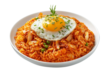 Spicy kimchi fried rice topped with a sunny-side-up egg yolk and herbs in ceramic bowl, isolated on white transparent background, concept of Asian cuisine