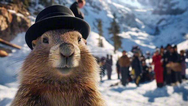  Punxsutawney Phil the famous groundhog in black hat, in snow on Groundhog Day, February 2 