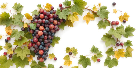 grapevine fruits and leaves as border on white background with copy space