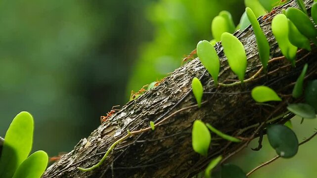 Weaver ants (Kerengga) or green ants move on tree trunks covered with known as 'pokok duit-duit' or
Pyrrosia piloselloides