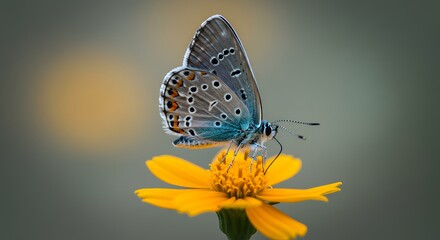 Obraz premium Stunning Blue Butterfly on Yellow Flower A Macro Photography Masterpiece
