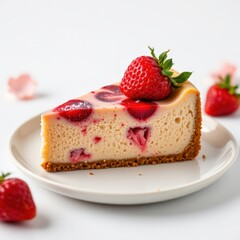realistic photograph of a complete slice of strawberry cheesecake, isolated on white background