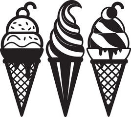 Set of delicious ice cream cones in various flavors and styles