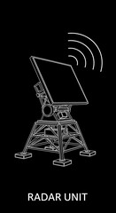 Detailed vector illustration of a radar unit with signal emissions on black background
