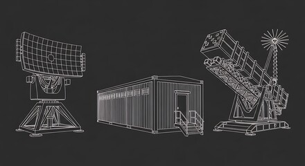 Detailed line art illustration of surveillance radar, military equipment, and building on black