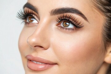 Close-Up of Woman with Perfect Eyelash Extensions. Detailed close-up of a woman's face highlighting long eyelash extensions, flawless makeup, and glowing skin in studio lighting