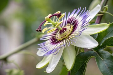 Closeup of Exotic Purple Passion Flower Bloom. Striking passion flower with intricate purple and white petals in sharp focus, surrounded by green leaves in natural light