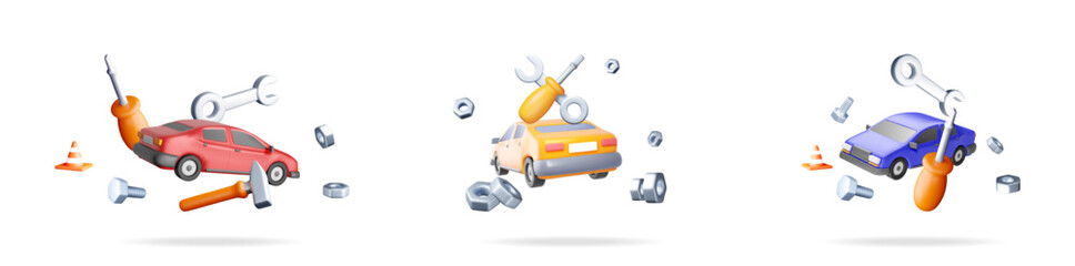 Car repair service concept set in 3D. Auto maintenance for fix. Car fixing and breakdown assistance. Modern car mechanic shop.