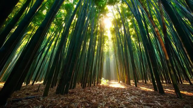Beautiful Bamboo Forest Landscape with Morning Sunlight