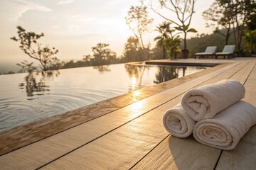 Luxury Spa Poolside at Sunset with Towels. Tranquil spa scene featuring rolled towels beside an infinity pool at sunset, surrounded by trees and peaceful nature